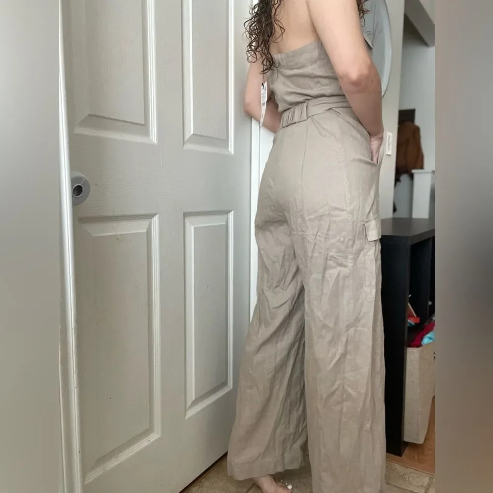 Zara LINEN BLEND Strapless CARGO JUMPSUIT Size Medium Tan‎ NEW with mini flaw
